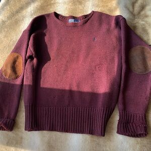 Polo by Ralph Lauren Maroon Sweater with Ribbed Knit and Leather Elbow Patches
